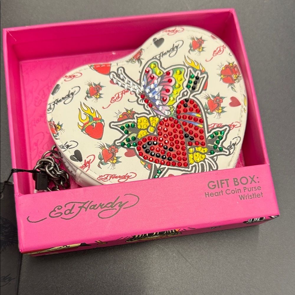 Ed Hardy Heart-Shaped Purse with Red and Yellow Design